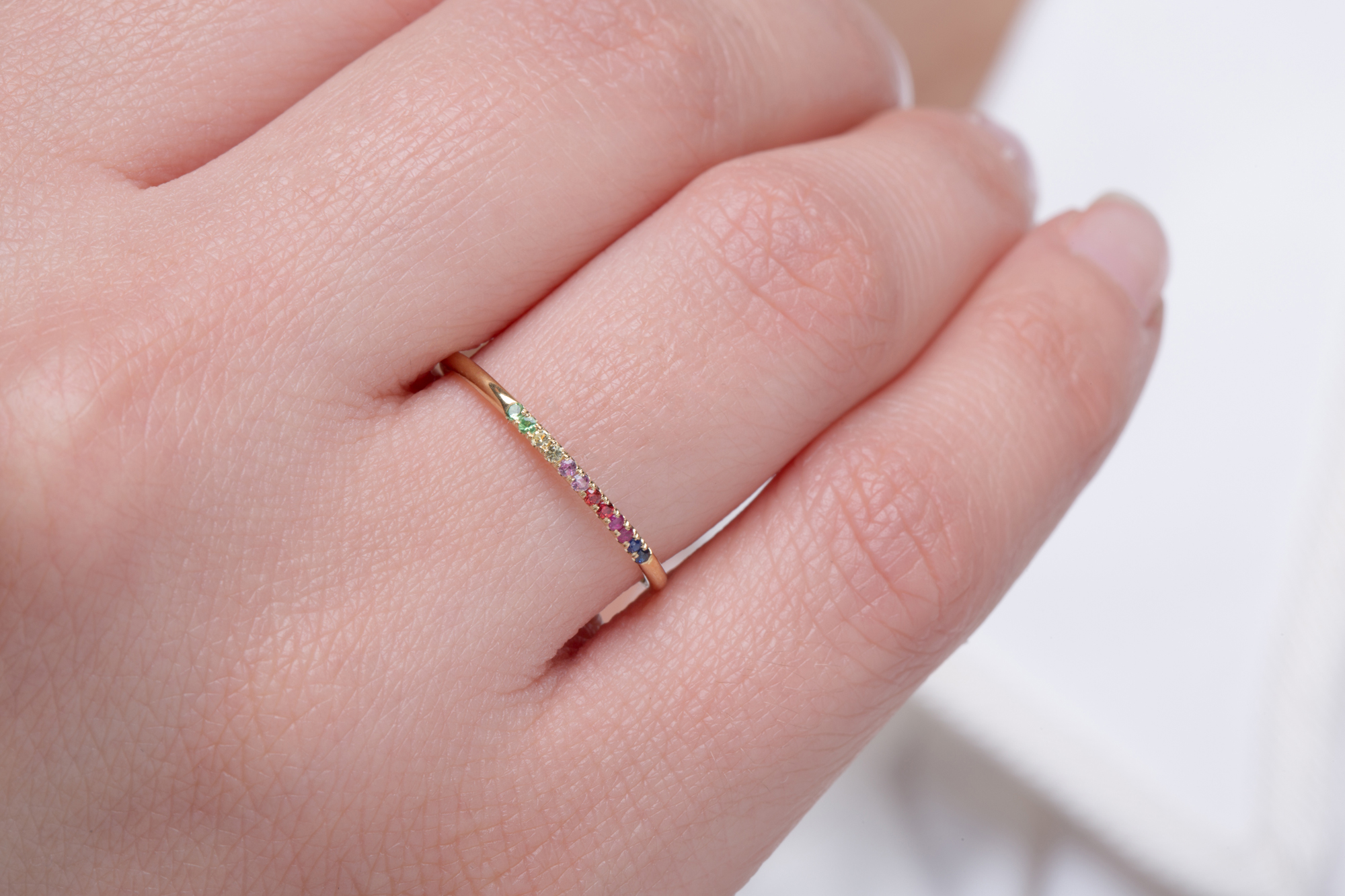 12 Multi color sapphires thin ring, Rainbow ring 1.1mm