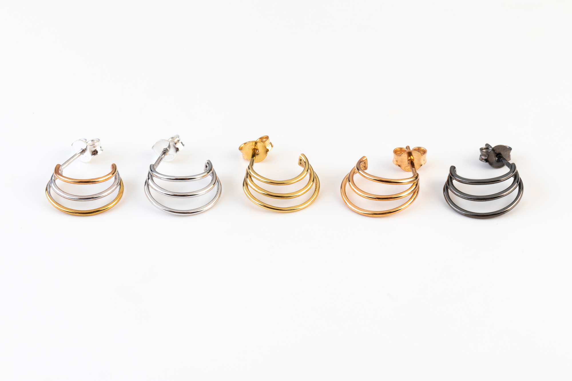Handmade Tricolor gold earrings for women Elegant jewel box Women Wire earrings in solid Gold 9k 14k & 18k Trinity open hoop earrings 3 colors of gold open hoops