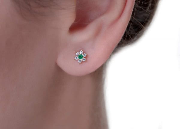 Diamond emerald sapphire flower stud earrings - Image 1
